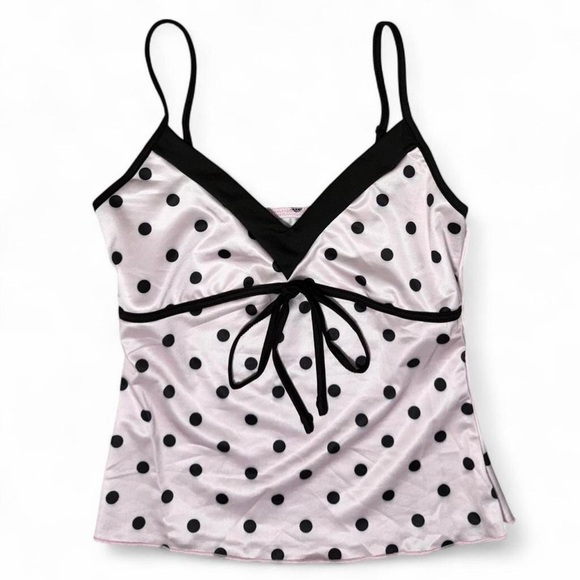 Brandy Melville Tops - Y2K Pink Polka Dot Bow Cami XS Coquette Babydoll Balletcore Satin Tank Spring